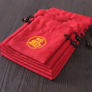 Radosne czerwone aksamitne Travel Torka do sznurka drukowana tkanina torby biżuterii zagęszczenie bawełniana lniana torebka Lucky Peats Bransoletka Surage 194z