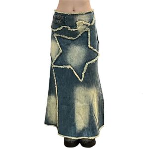 Spódnice Y2K Women Streetwear Vintage Star Długość kolan dżinsowa spódnica midi Long Long wysoka talia prosta dżinsy z grunge