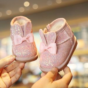 Pierwsze Walkers Winter Baby Girl Boots Toddler Girl Rabbit Ear Winte Buty Baby Pierwsze spacerowicze Bling Solidny kolor 230314