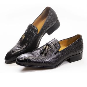 럭셔리 남성 Tassel Loafer 정품 가죽 드레스 신발 악어 인쇄 캐주얼 비즈니스 슬립 온 웨딩 파티 드레스 슈즈