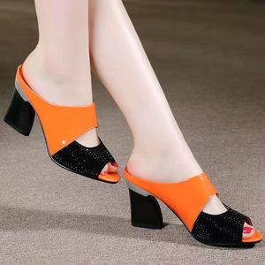 Gai Women Sandals Square Heel Summer Shoes Woman Fashion Slides Cut-Out Open Toe Slip On Mothers Sandal Female Bling Slippers 230314