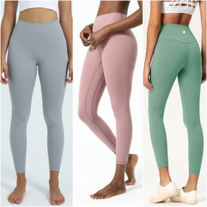 LL-1903 Solid Color Womens Yoga Hög midja Långa byxor Yoga kläder träning Fitness Wear Girls Running Leggings Nionde byxor Elastiska vuxna sportkläder tights