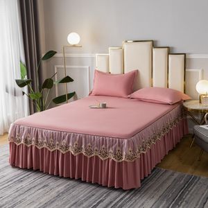 Bed Skirt Beige Lace Lotus Leaf Lace Bed Skirts Princess Style Solid Color Bedspread Bed Cover Non-Slip Sheets Without Pillowcase 230314