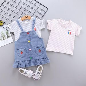 Kläder set baby flicka kostym sommar söt bomull kortärmad denim kjol 2-stycken set randig t-shirt remmode mode