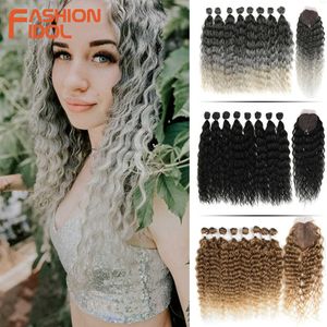 Synthetic Wigs Fashion Idol Water Wave Fake Hair Bundles with Closure 20inch Weave Synthetic Ombre Silver Grey Curly Fiber 230227