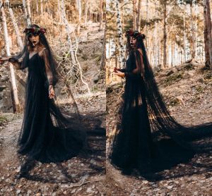 Sexig gotisk en linje bröllopsklänningar för kvinnor svart hippie country ren v hals tyll långärmad illusion svep tåg brudklänningar vestidos med långa slöjor
