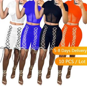Women's Tracksuits Wholesale Items Sheer Mesh Patchwork Sexy Two Piece Set Women Summer Crop Top Lace Up Shorts See-through Black Matching S