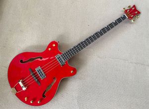 4 String Kırmızı elektrikli bas gitar Yarı içi boş akçaağaç gövdeli gül ağacı klavye istendiği gibi özelleştirilebilir