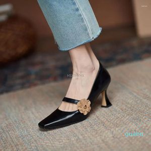 Dress Shoes Women's High Heels Mary Jane Pointed Toe Pumps Flower Buckle Office Black Brown Designer Tacones Mujer