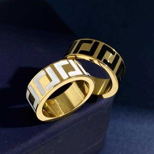 Made in italy designer F Ring Extravagant enamel hollow Gold Silver Rose Stainless Steel letter Rings black white Women men wedding Jewelry