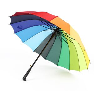 Umbrellas 16K Windproof Rainbow Big Umbrella Rain Women Men Sun Walking Long-handle Straight Golf Umbrellas Automatic-open Parasol 230314