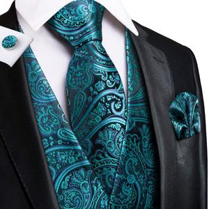 Mens Vests HiTie Teal Green Floral Paisley Silk Men Slim Waistcoat Necktie Set For Suit Dress Wedding 4PCS Vest Necktie Hanky Cufflink Set 230313