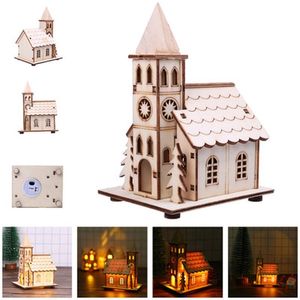 Decorative Objects Figurines Festival Led Light Wood House Christmas Tree Decorations for Home Wooden DIY Gift Window 230314