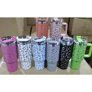 Leopard 40oz Stainless Steel Tumblers With Handle Lid Straw Big Capacity Beer Mugs Water Bottles Outdoor Camping Cup Vacuum Insulated Drinking Cups