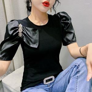Kadın Tişörtleri Yaz Avrupa Giysileri Pamuk T-Shirt Şık Seksi Seksi Zarif Kadın Üstleri Patchwork Bowknot Puff Sleep Siyah Yeşil Tees