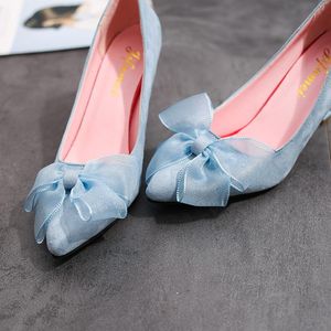 Dress Shoes High Heels Woman Sandals Black Women's Bow Decoration Flock Point Toe Ribbon Female Pumps U18-32