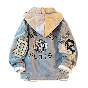 Jackets Korean Children Boys Denim Cotton Teenage Hooded Jeans Letter Print Spring Clothes 4 6 8 12 16 Years Old 230313