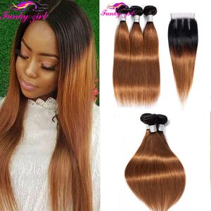 Hair pieces Straight Bundles Ombre With Closure Brazilian Human Weave Remy Medium Ratio 1B 30 230314