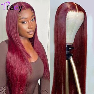 Koronkowe peruki Tracy Hair Burgundy 13x4 HD Przezroczyste przednie ludzkie włosy 99J Brazylijskie Remy prosta peruka czołowa dla kobiet 230314