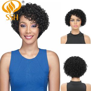 Spetsspår SSH Curly Wigs Short Pixie Cut Human Hair for Women Natural Black Remy Hair 150% Density Glueless Side Part Human Wigs 230314
