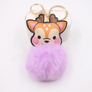 Cute Sika Deer Pompom Keychain Pom Pom Key Chain Rabbit Fur Ball Pompon Porte Clef Fluffy Leather Key Ring Accessories Jewelry