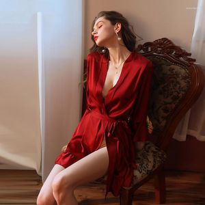 Kadınların Sweetwear Seksi Ruffles Kimono Katı Kadın Rayon Nightgown Elegant Homewear Robe Elbise Bayanlar Uykulu iç çamaşırı