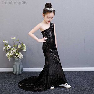 Mädchenkleider, Pailletten-Meerjungfrauenkleid, für Mädchen im Teenageralter, One-Shoulder-Vintage, edle Abschlusskleider, Abendparty, Kinderkleider, L0227 W0314