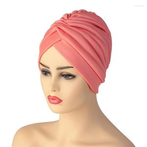 Etniska kläder Solid Color Muslim Head Wraps Ruffle Women Turban Bonnet Femme Musulman Redo att bära Hijab India Cap Hair Accessories