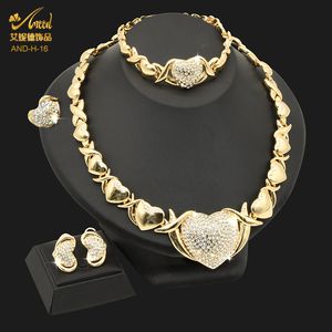Wedding Jewelry Sets ANIID Dubai Gold Plated Jewelry Necklace Set Wedding Bride Women Nigerian XOXO Heart Crystal Bracelets And Earrings Ring 230313