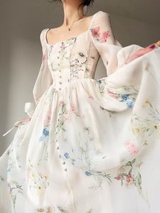 Casual Dresses French Elegant Floral Midi Dress Chiffon Long Sleeve Evening Party Dress Woman Beach Fairy Dress Korean 2024 Summer Designer 356