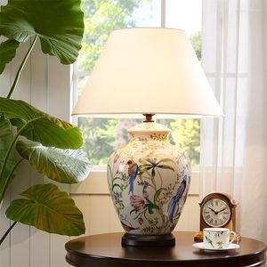 テーブルランプは、リビングルームのベッドルームベッドサイドのための花と鳥の手描きの亀裂グレーズセラミックランプ