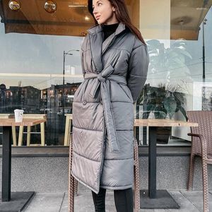 Women's Down XMAX Fashion Winter Notched Parkas Women Elegant Solid Double Breasted Coats Tie Belt Slim Long Cotton Jackets Ladies