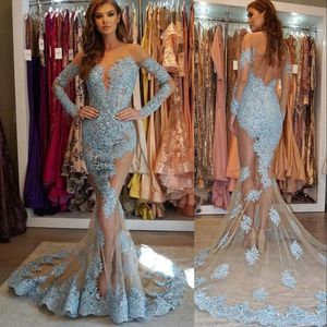 Seksowne arabskie sukienki wieczorowe nosić dla kobiet klejnot szyi iluzja syrena długie rękawy koronkowe aplikacje kryształowe koraliki czyste sukienki na bal