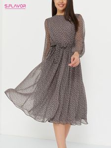 Casual Dresses SFLAVOR Elegant Dot Print Long Sleeve Polka Dress O Neck Chiffon A Line Women Sundress Vintage Midi Vestidos De 230313