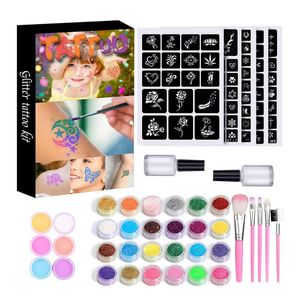 Tatuaggi temporanei 30 colori Diamond Glitter Set Powder Makeup Brush Colla Party Face Body Art Kit per bambini 230314