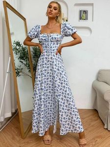 Party Dresses Ditsy Floral Print Puff Sleeve Tie Front High Split Dress Women Ruched Drawstring Party Long Dress Vestidos Sundress Robe Femme 230314