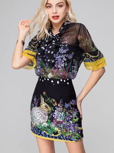 Two Piece Dress Fashion suit stand neck bow handmade beading trend fashion design screen print sequin top suit ultra-short skirt two-piece set