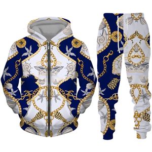 Męskie dresy mody luksusowe serie łańcucha 3D Drukuj Zipper Spodnie z kapturem dwuczęściowy zestaw Hip Hop Streetwear Tracksuit Mężczyźni/Kobiety odzież 230314