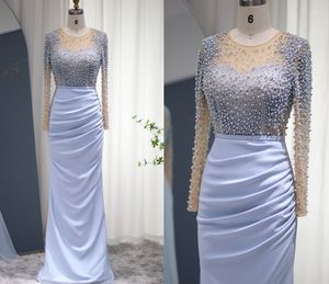 Himmelblå sjöjungfru arabiska aftonklänningar dubai lyxiga pärlor kristall ren lång ärmar muslimska prom formella klänningar mantel de soiree 2023 vestidos fest
