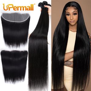 Haarteile Upermall 2 3 4 Remy Straight Human Bundles mit frontalem brasilianischen transparenten vorgezupften 13x4 Spitzenverschluss und Bundle 10A 230314