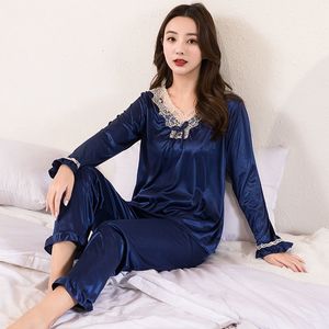 Kvinnors sömnkläder Wavmit långärmad pyjamas Ice Silk Set 2st Women Sleepwear Shirt V-Hals Polyester Nightwear For Women Long Top Pant Homewear 230314