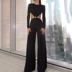 Kobiety Jumpsuits Rompers Liyong Women Sexy kombinezon okrągły szyja długie rękawy Solidny kolor bez pleców talia luźna szerokie nogi Romper High Streetwear 230314