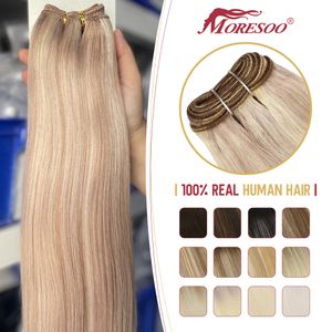 Hår wefts moresoo Sew in Double Weft Extensions Weave Human Bundles Machine Remy 100 gram mjuka och silkeslen väver raka 230314