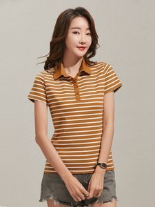 Женская футболка Tuangbiang Summer Button Polo воротниц с коротким рукавом хлопчатобумажной футболка для женской одежды классическая футболка белые полосы S-5xl Tops 230314