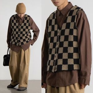 Männer Westen Vintage Plaid Kurze Gestrickte Weste Mann Frauen V-ausschnitt Ärmellose Harajuku Pullover einreiher Herbst Pullover Weste Tops 230313