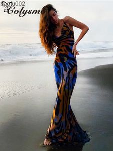 Casual Dresses Colysmo Print Maxi Dress Women Sexig lågskuren Cowl Neck Back Soe Up Sexiga klänningar Seaside Party Club Wear Long Dress 2020 Ny W0315