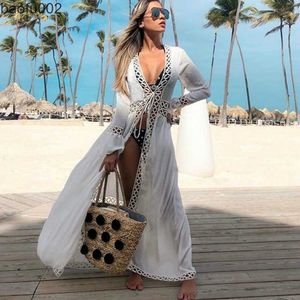 Günlük elbiseler Teelynn Seksi Derin V Boyun Beyaz Dantel Elbise Kadın Robe Kimno Kaftan 2022 Vintage Yaz Bikini Kapak Boho Beach Wear Vestidos W0315