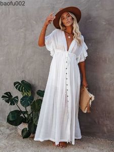 Casual Dresses Sexig bikini Cover-ups Long White Tunic Casual Summer Beach Dress Elegant Women Clothes Beach Wear Swim Suit Cover Up Q1208 W0315