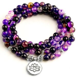 Strang Perlenstränge Damenarmband Leuchtend lila Linienperlen mit Lotus OM Buddha Charm Yoga 108 Mala 6MM Halskette Männer DropBeaded