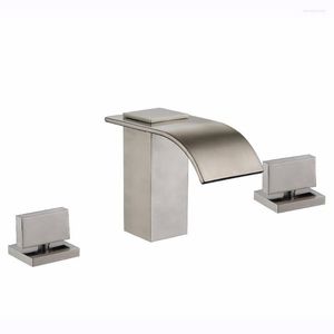 Bathroom Sink Faucets Free Ship Brushed Nickel Widespread 3 Holes Square Waterfall Faucet Mixer Tap Deck Mounted